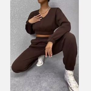 Conjunto de Sudadera con cuello de pico y pantalones de chándal personalizados de dos piezas para mujer, conjuntos de entrenamiento al aire libre con logotipo - Product Image 3
