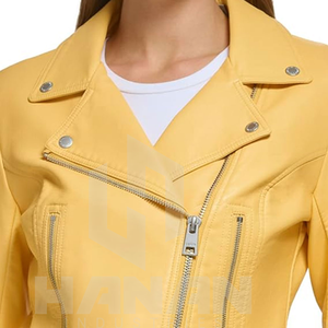 Chaqueta de cuero genuino para mujer de calidad superior con cuello a presión y cremallera frontal elegante de manga larga - Product Image 4
