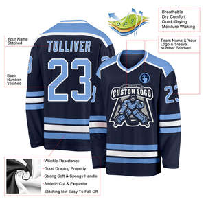 Jersey de Hockey sobre Hielo Azul Marino para Hombre, Personalizado con Nombre y Número, Jersey de Partido de Equipo, 100% Poliéster, Uniforme de Torneo Personalizado de Fábrica - Product Image 3