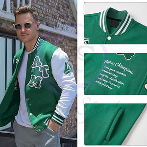 Green White Contrast Color Vintage Baseball Button <b>Long</b> Sleeve With Letter Casual <b>Coats</b> For <b>Men</b> College Baseball Varsity Jackets - Product Image 3