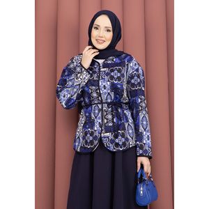 Conjunto de Chaqueta y Falda con Estampado Étnico Azul Marino para Mujer, Diseño Floral Sólido, Estilo Oficina, Crepé, Ropa Deportiva, Blazer Corto de Verano, Talla XL - Product Image 2