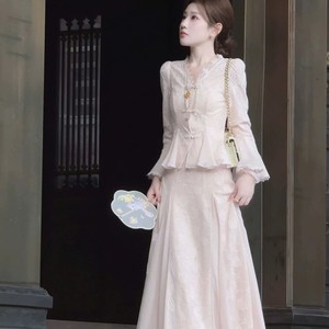 Ensemble de mode personnalisé en dentelle rose, chemisier et jupe longue pour femmes, vente en gros - Product Image 1