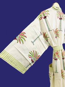 Hand Block Print Palm Tree Cotton Kimono Robe For <b>Women</b> Green Trim Indian Cotton <b>Dressing</b> <b>Gown</b> <b>Lightweight</b> Lounge Bathrobe - Product Image 2