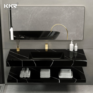 Lavabo in Marmo Lucidato Commerciale con 2 Rubinetti, Lavandino a Vasca Sospeso per Bagno con Doppio Lavabo - Product Image 4