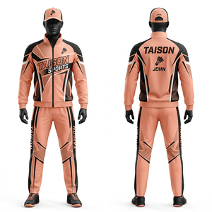 Survêtement de badminton pour homme, haute qualité, polyester et élasthanne 300 gsm, doux et extensible, noir pêche, panneau contrastant, broderie personnalisée. - Product Image 1