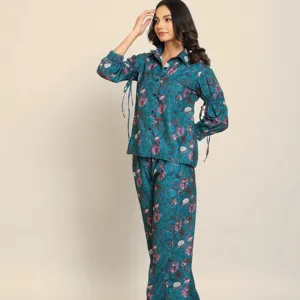 new arrival trending collection Teal Green and Multicolour Floral Printed Relaxed Co-Ord Set With Collar Neckline Shirt and Pant