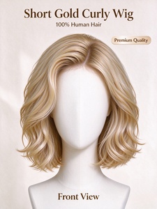 Perruque courte 100% cheveux humains, couleur dorée, pointes bouclées, ligne de cheveux naturelle, perruques douces en cheveux humains pour femmes, mode quotidienne - Product Image 3