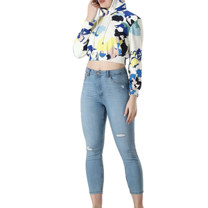 Top corto personalizado para mujer, sudadera, Jersey, Sudadera con capucha de manga larga con hombro caído, ropa de calle informal, logotipo frontal, longitud corta - Product Image 3