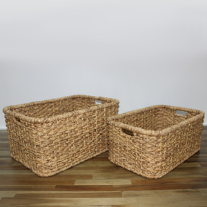 ชุดตะกร้าเก็บของทรงสี่เหลี่ยมพับได้2ใบไม้ไผ่น้ำผักตบชวาสานที่จับเหล็กใช้ในบ้านงานซักรีด - Product Image 2