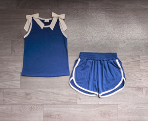 Ensemble de vêtements courts pour bébés filles, haut sans manches bleu chaud avec nœuds blancs - Product Image 5