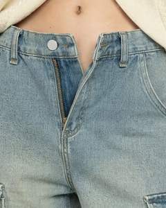 <b>Light</b> <b>Blue</b> Cargo <b>Jeans</b> <b>Women</b> High Waist Wide Leg Denim Pants With Strap Pockets Streetwear Fashion Manufacturer Supply OEM - Product Image 4