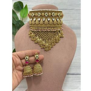 Ensemble de boucles d'oreilles choker Rajwadi de haute qualité plaqué or, finition antique, pour femmes, traditionnel, pour mariage et fiançailles - Product Image 1