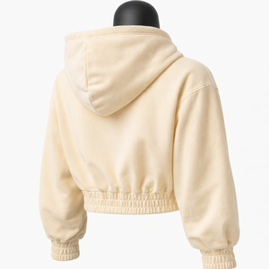 Sudadera con capucha corta para mujer con cremallera completa, dobladillo elástico, forro polar, manga abullonada, color liso, logotipo personalizado, OEM, marca privada - Product Image 2