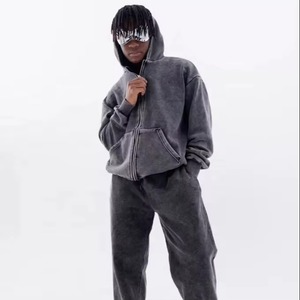 Custom logo high GSM Acid Washing Distress <b>Men</b> Hoodie <b>Zipper</b> <b>Cardigan</b> Hooded Hoodie Fleece Retro Style Loose <b>Men</b> Hoodies - Product Image 3