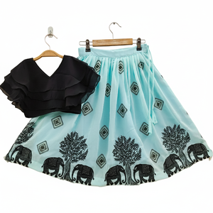 Shoryam Fashion Girls Indian Ethnic Lehenga Choli-Black V-Neck Tiered Top Light Blue Georgette Skirt Tree Elephant Art Party - Product Image 1