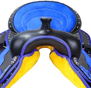 Sillines Western Trail grabados de alta calidad Cuero genuino Azul Logotipo personalizado Embalaje personalizado Tamaños personalizados Sillín bajo MOQ - Product Image 6