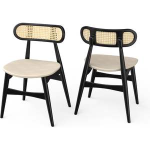 Set di Design fattoria della metà del secolo di 2 sedie da pranzo in legno nero schienale in Rattan materiale in pelle per salotti da pranzo a casa - Product Image 2
