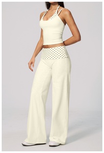 Custom Cream Halter Crop Top High Waist Wide Leg Pants 2 Piece Yoga Set Dot Pattern Spandex Polyester Breathable Seamless - Product Image 4