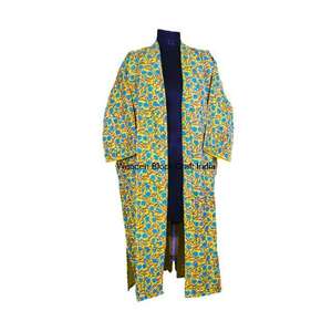 Handmade Kantha Quilted Kimono Jacket Handmade Indian Pure Cotton Floral Print Women Long Robe Summer Style - Product Image 1