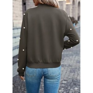 Women's Long-<b>Sleeved</b> Front-Zip Pearl Embellished <b>Short</b> Modal <b>Jacket</b>, 31972 - Product Image 3
