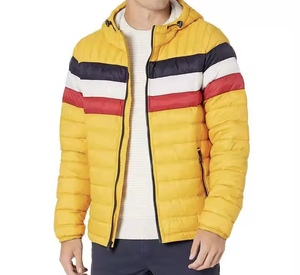 Men's <b>Yellow</b> Hooded <b>Puffer</b> <b>Jacket</b> Color Blocking Windproof Casual Winter Wear Zipper Closure 100 Polyester Filling - Product Image 1