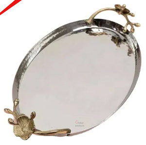 Plateau de service de forme ronde en cuivre avec deux poignées dorées les plus vendues - Product Image 5