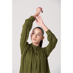 Camisa de Mujer con Botones y Fruncido Olive, Tallas S/M/L/XL/2XL - Product Image 3