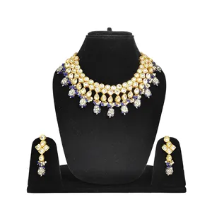 Blue Kundan <b>Studded</b> Three-Layer Necklace Set with Pear Cut Diamonds for Weddings - Product Image 1