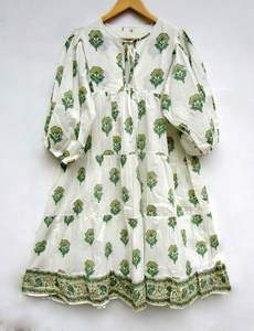 Indien Boho 100% coton imprimé fleuri a-ligne col en v caftan robe femmes sans manches plage décontracté vie naturel taille bouton - Product Image 5