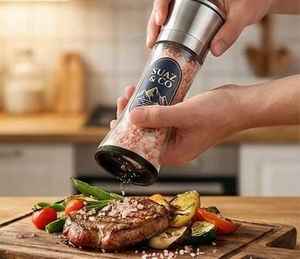 Moulin à sel rose de l'Himalaya en verre incurvé 200g avec couvercle argenté de qualité supérieure, moulin à sel de roche grossier, rotor en céramique réglable, shaker - Product Image 4