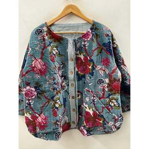 Hand Block-Printed <b>Quilted</b> Cotton <b>Jacket</b> with Coconut Shell Buttons and Three Quarter Sleeve Teal Garden Design for Spring - Product Image 5