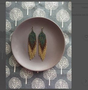 Long <b>Green</b> Ombre Beaded <b>Earrings</b>.Bronze Fringe Boho\feather\tassel <b>Earrings</b> - Product Image 1