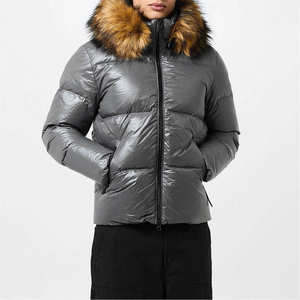 Custom Shiny Grey Puffer Jacket Men Women <b>Winter</b> Warm Fur Hood Glossy <b>Quilted</b> Down Coat Windproof Outdoor Parka Bubble Overcoat - Product Image 1