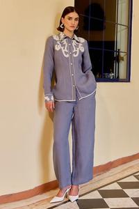 Ensemble 2 pièces décontracté pour femme, tissé uni, brodé, pantalon ample taille mi-haute, haut court à lacets - Product Image 4