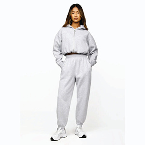 65% coton 35% Polyester recadrée athlétisme Club pleine fermeture éclair capuche gris chiné femmes survêtement haut à capuche - Product Image 4