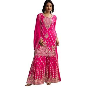 <b>Pink</b> Embroidered Palazzo Set In Chinon Wholesale Women Ethnic OEM Clothing Factory Bulk Supplier Custom Fashion Manufacturer - Product Image 1