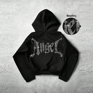 Lujo invierno Rhinestone Crop Hoodie mujeres de gran tamaño brillo cristal pulóver frente Logo Casual Street Style Outfit - Product Image 1