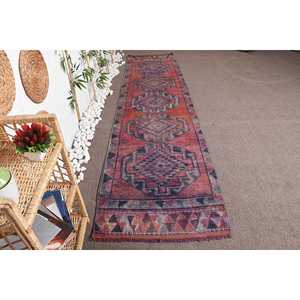 2.9x11.5 ft <b>Runner</b> Turkish Rug, Vintage Rug, <b>Red</b> Blue Floral Wool Rug - Product Image 1