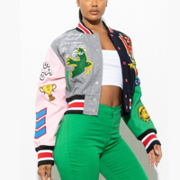 Jaket Varsity Crop Wanita Terlaris Lengan Panjang Panjang Reguler Pakaian Kasual Warna Kustom Kulit Domba Bolak-Balik Ramah Lingkungan