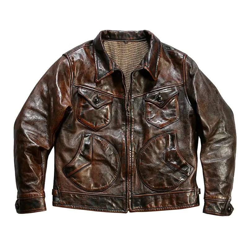 Wholesale custom high-grade oil wax horse skin real leather jacket men's New technology Glossy skin genuine leather jacket
