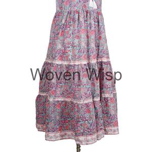 Superventas Jaipuri Floral Midi vestido de algodón bloque de mano impreso cuello en V verano primavera estilo hecho a mano botón gran regalo para - Product Image 3