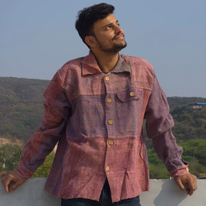 Chemise décontractée pour homme en coton 100% tricoté, faite à la main, style Kantha, hiver, hip-hop, grande taille, manches longues, avec boutons et poche avant - Product Image 1