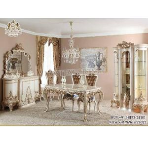 Ensemble de meubles de salle à manger de style russe moderne et élégant, table à manger en teck de luxe Royal Kingdom avec finition blanche et dorée - Product Image 1