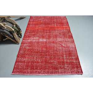 Turkish Area Rug 4x6.4 ft, <b>Red</b> Floral Vintage <b>Wool</b> Rug - Product Image 1
