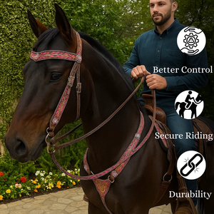 Headstall et cuirasse en cuir de la meilleure qualité avec des coutures de couleur rose - Product Image 3