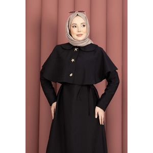Minimalist Black <b>Cape</b> Detail Woolen Dress with Lace-Up for Daily Wear - Product Image 2
