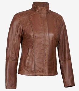 Ropa de calle personalizada, color marrón en blanco, con cremallera, bolsillos delanteros, chaquetas de cuero de motorista para mujer, Invierno personalizado - Product Image 2