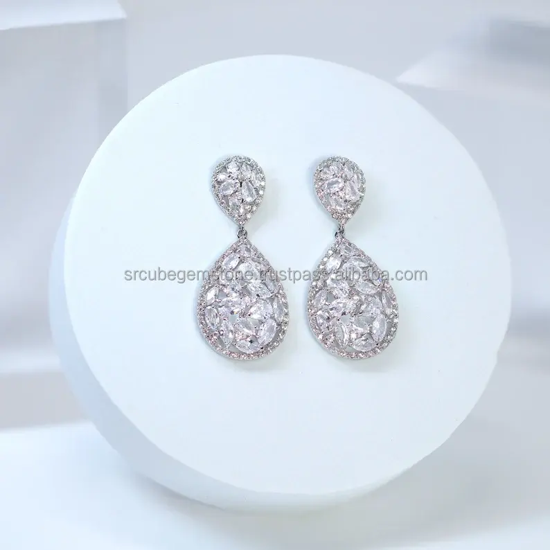 Tùy Chỉnh Phụ Nữ Thời Trang Đảng Mặc Đồ Trang Sức Bông Tai 18K Tăng Trắng Bling CZ Kim Cương Stud Bông Tai