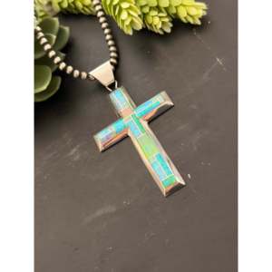 Pendentif Jerry Platero en opale (synthétique) et argent sterling avec incrustation de croix - Symbole religieux chrétien - Product Image 3