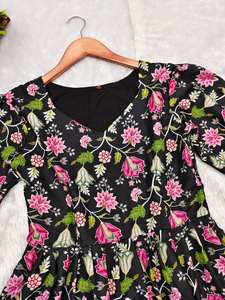 Vestido de una pieza con estampado Floral de Georgette negro para mujer, vestido de diseñador para fiesta de boda, traje de estilo largo de seda, modelo indio - Product Image 4